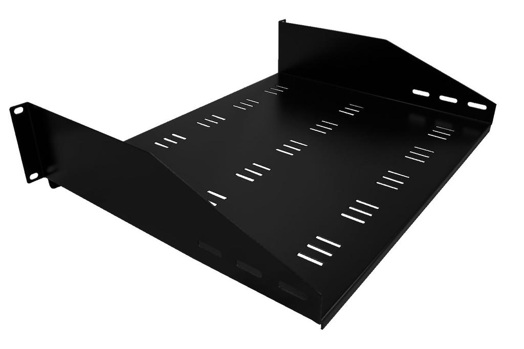 18 Cabinet & Rack Accessories Shelf: Cantilever Shelf with Vent Holes Features Material: Black powder-coated cold rolled steel Used primarily for relay racks, but can also be used with cabinets