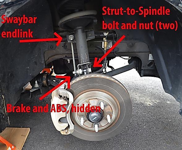 10. Remove both front wheels to reveal the strut assembly. The strut assembly is attached by (2) bolts and nuts on the wheel hub.