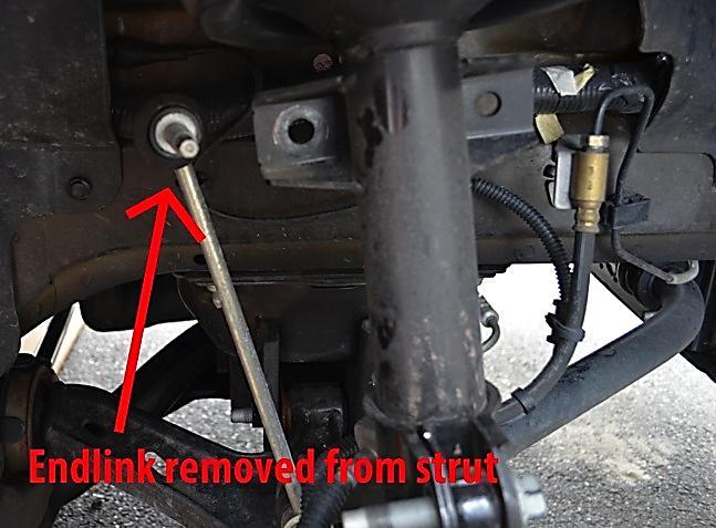 14. Remove sway bar end link by loosening and removing the bolt that holds it to the strut.