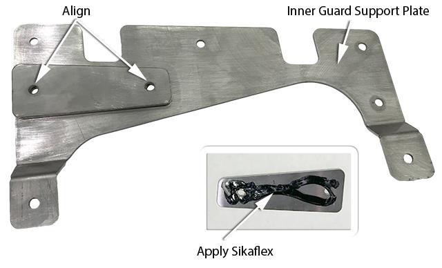 26 Apply a smear of Sikaflex adhesive sealant to the inner guard support spacer plate (item 23), align
