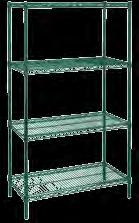 Green Epoxy Finish Wire Shelving Ideal for use in wet environments Superior rust resistance Designed to minimize dust, improve air circulation, and provide greater visibility of stored items Post s