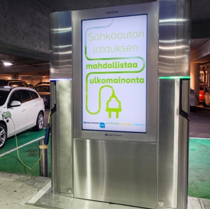 Ensto Chago Wall Advertising Charging Station Installed at Helsinki Airport - Partners Symbicon and ClearChannel - Free standing unit on concrete foundation - Includes 2 pcs of
