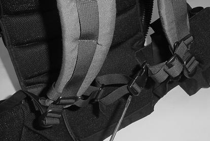 The harness assembly is composed of several adjustable straps including the following: lower shoulder straps, Hip belt, chest strap, upper shoulder straps, and battery pouches.