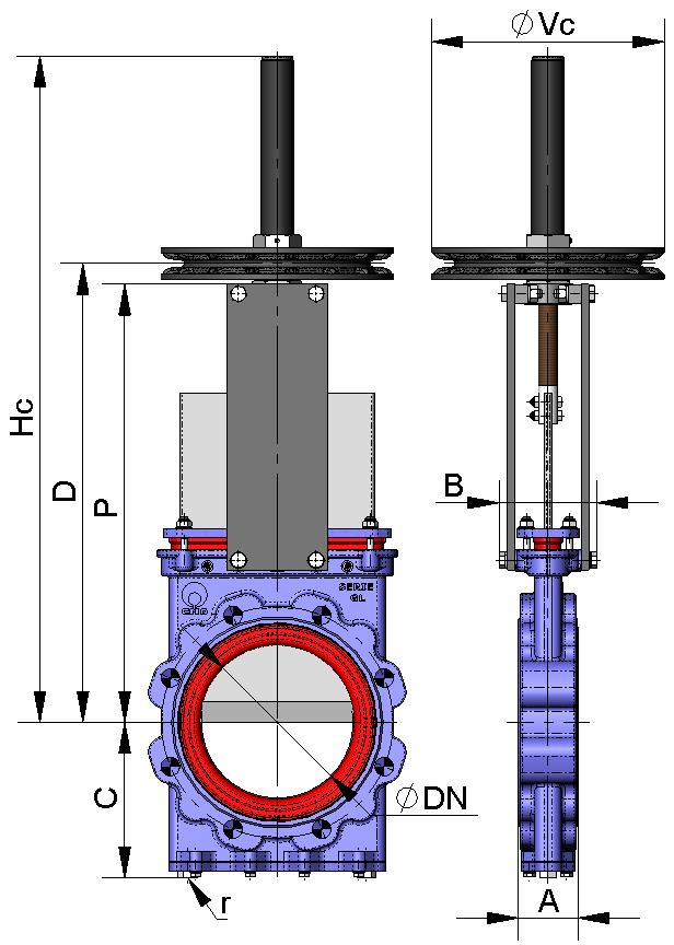 CHAINWHEEL Widely used in raised installations with difficult access, the handwheel is fitted in vertical position. B = Max. width of the valve (without actuator). P = Max.