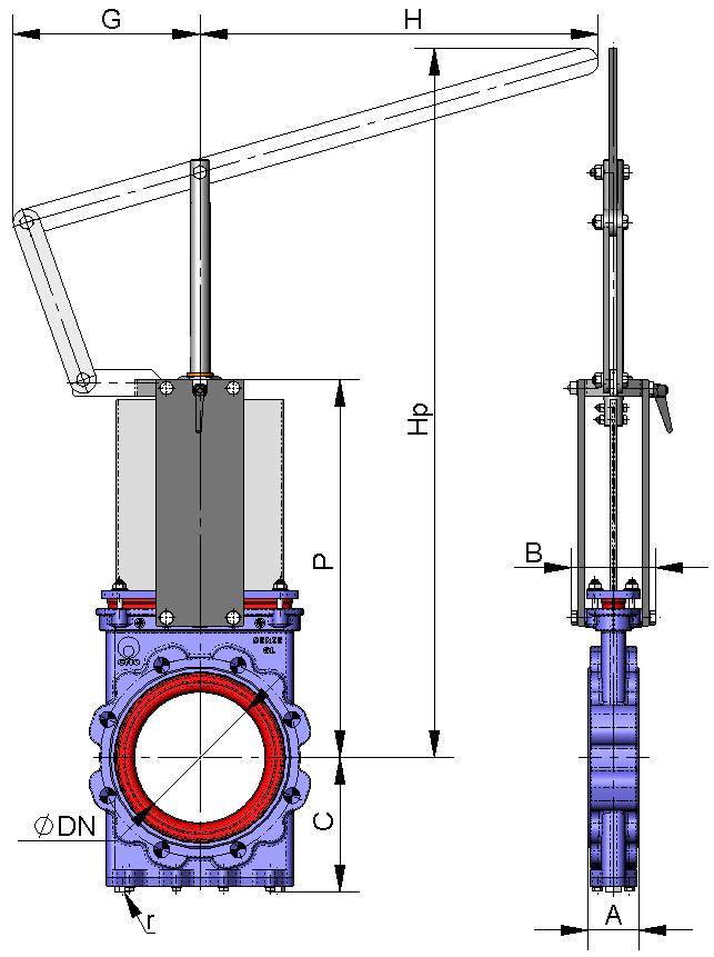 LEVER It is a fast actuator. B = Max. width of the valve (without actuator). P = Max. height of the valve (without actuator). The actuator includes: Lever. Rod. Guide bearing.