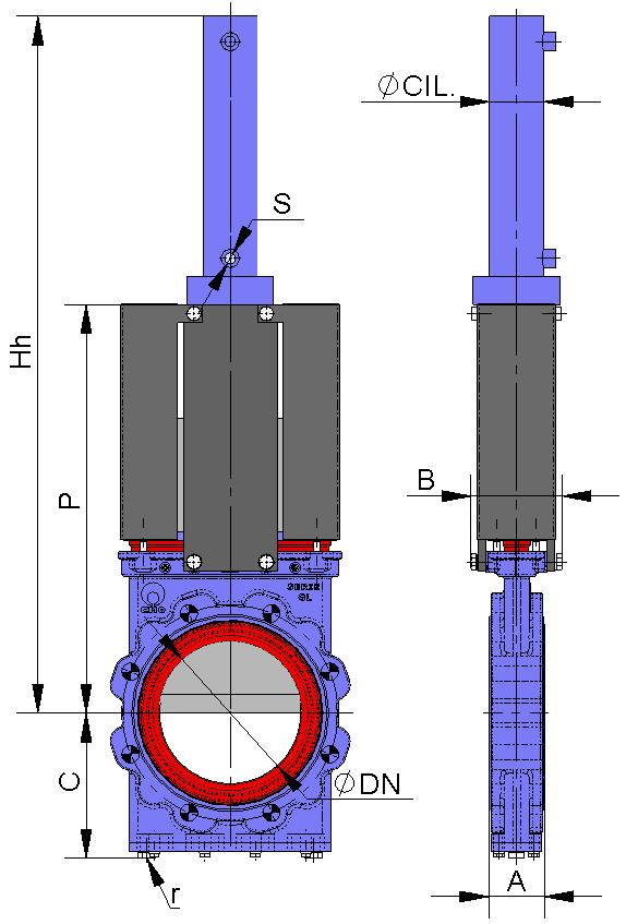 HYDRAULIC ACTUATOR (Oil pressure: 135 Kg/cm 2 ) B = Max. width of the valve (without actuator). P = Max. height of the valve (without actuator). The hydraulic actuator includes: Hydraulic cylinder.