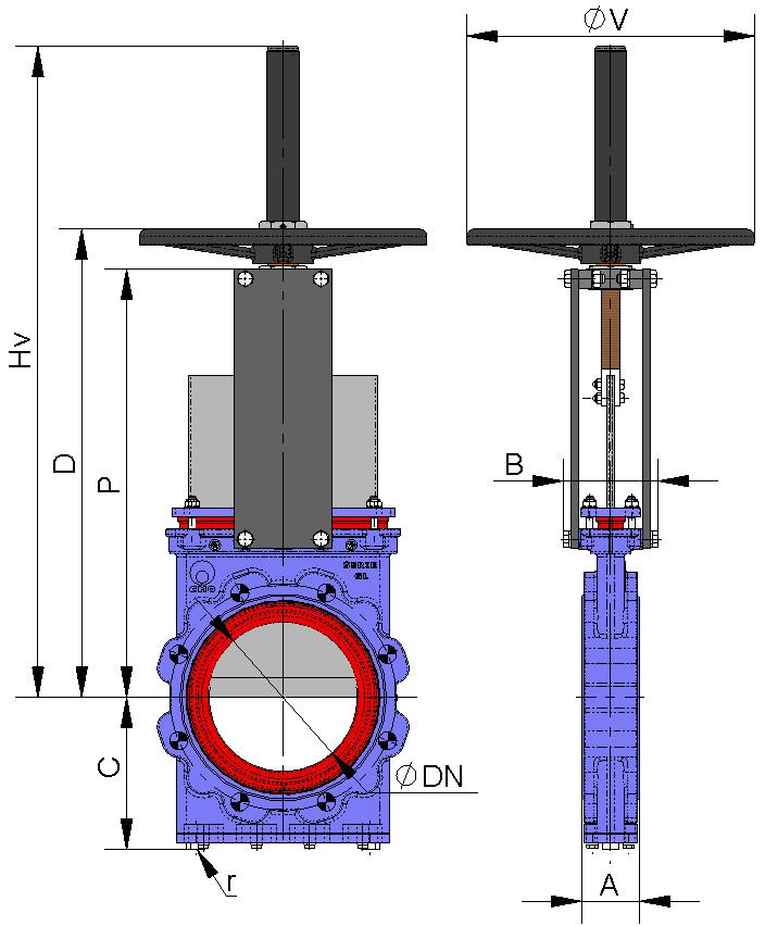 HANDWHEEL with rising stem B = Max. width of the valve (without actuator). P = Max. height of the valve (without actuator). Options: Locking devices. Extensions: stand, pipe, plates.