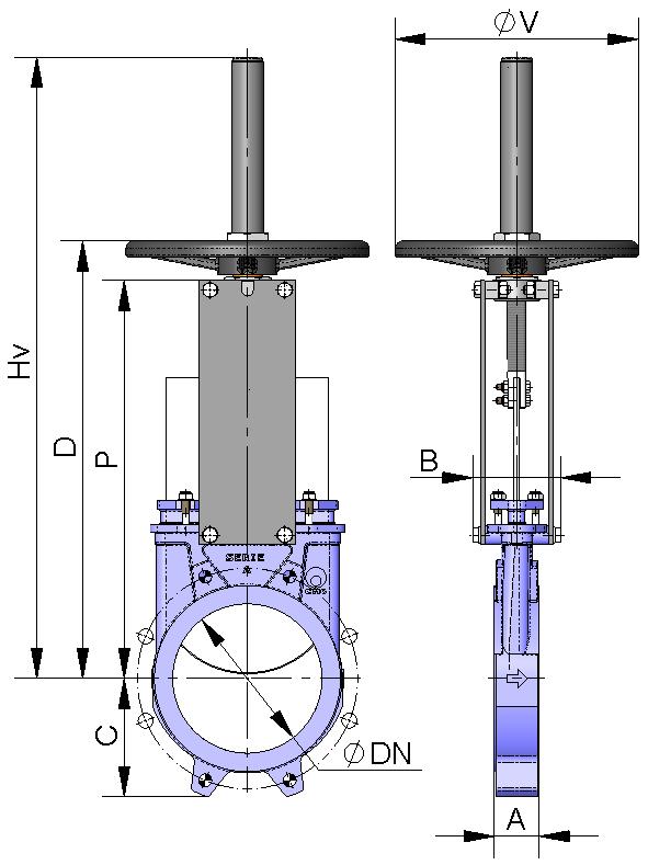 HAWHEEL with Rising Stem B = Max. width of the valve (without actuator) P = Max. height of the valve (without actuator) Options: Locking devices Extensions: stand, pipe, plates.