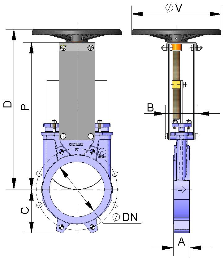 HAWHEEL with Non Rising Stem Suitable when no size limitations exist. B = Max. width of the valve (without actuator) P = Max.