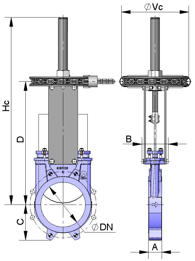 CHAINWHEEL Widely used in raised installations with difficult access, the handwheel is fitted in vertical position. B = Max.