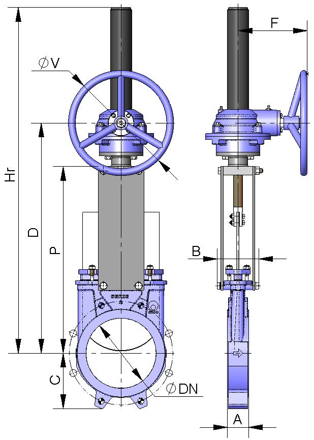 GEAR BOX It is recommendable for DN greater than 600. B = Max. width of the valve (without actuator) P = Max.