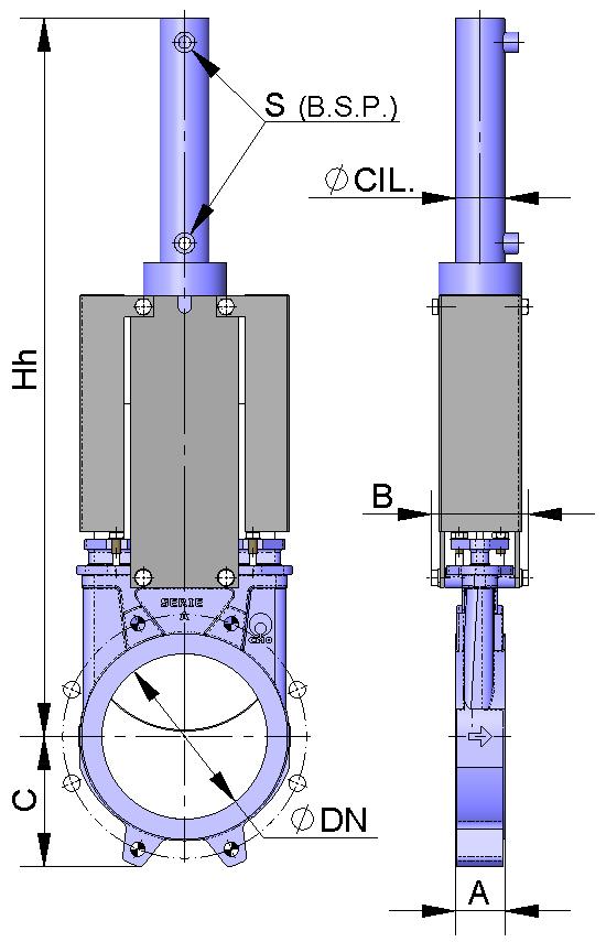 HYDRAULIC ACTUATOR (Oil pressure: 135 Kg/cm 2 ) B = Max. width of the valve (without actuator) CYL.