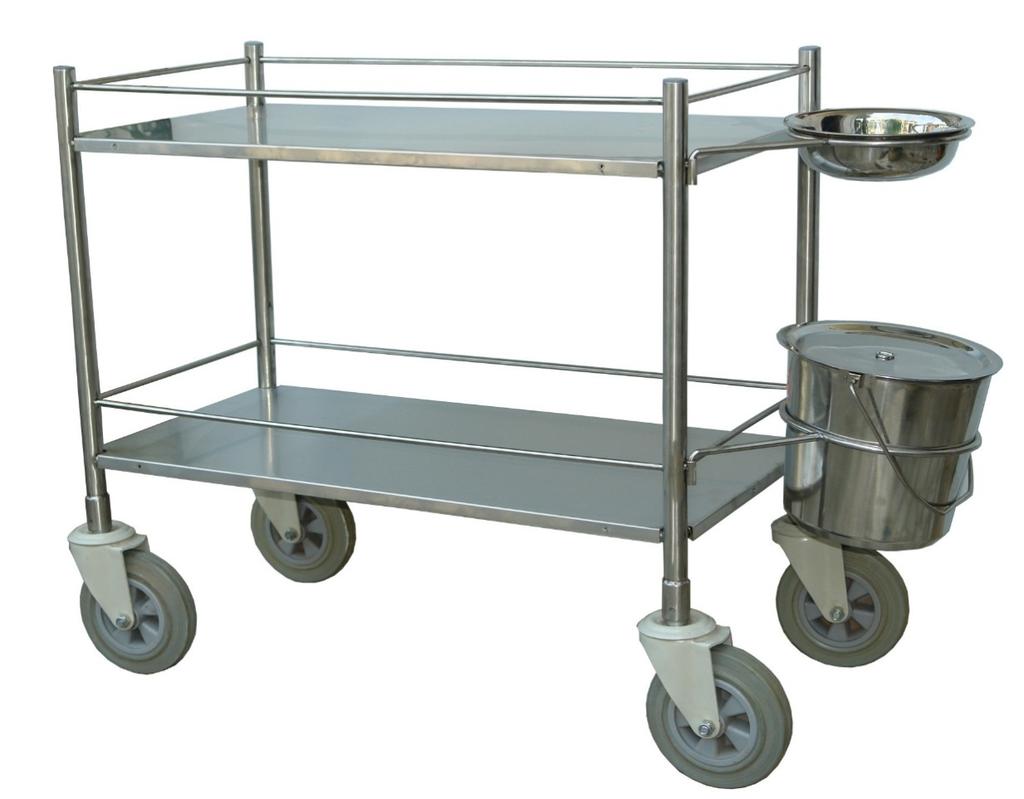 Specification: 1063XK - STAINLESS STEEL DRESSING TROLLEY (WITH STAINLESS STEEL BOWL & BUCKET): OVERALL APPROX. DIMENSIONS:1010 MM (L) X 510 MM (W) X 900 MM (H).SHELF SIZE: 750MM (L) X 500MM (W).