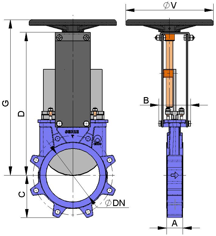 HANDWHEEL with non rising stem Suitable when no size limitations exist. B = Max. width of the valve (without actuator). D = Max. height of the valve (without actuator). Options: Square nut.