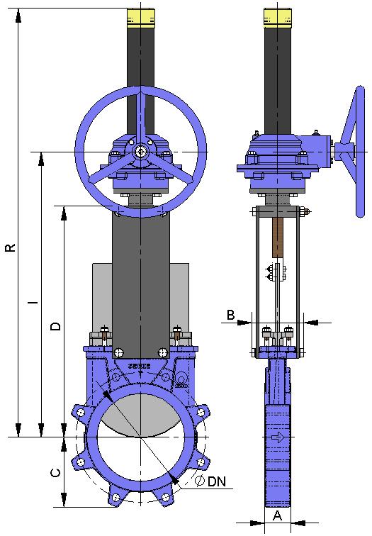 GEAR BOX It is recommendable for ND greater than 350 14". B = Max. width of the valve (without actuator). D = Max. height of the valve (without actuator). Options: Chainwheel. Locking devices.