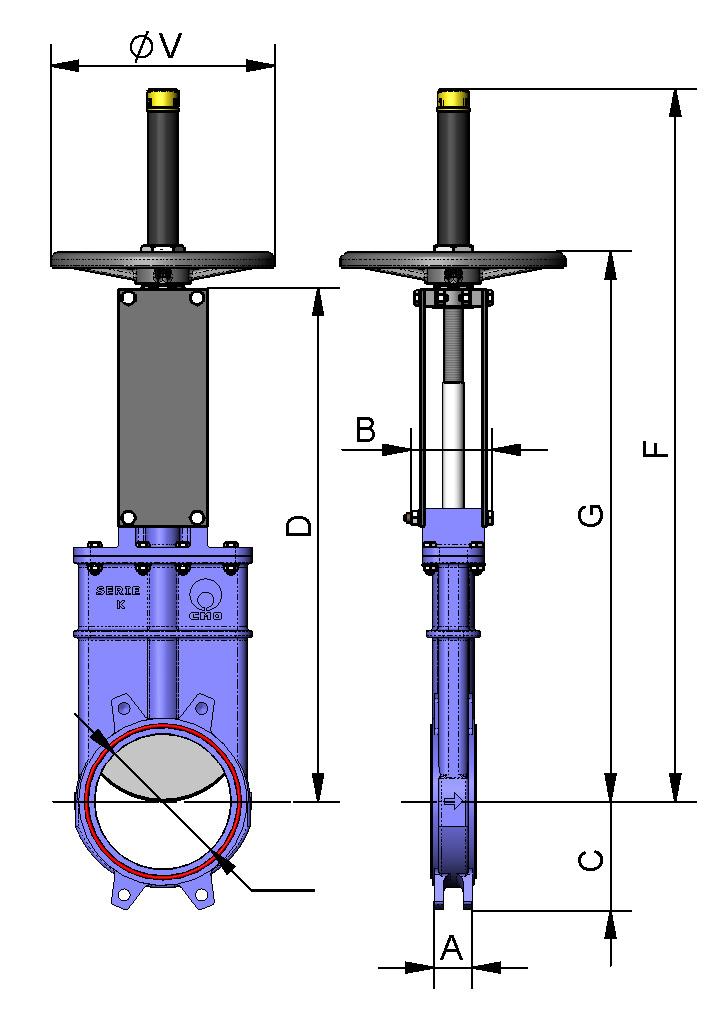 HAWHEEL with Rising Stem B = Max. width of the valve (without actuator). D = Max. height of the valve (without actuator). Options: Locking devices. Extensions: stand, pipe, plates.