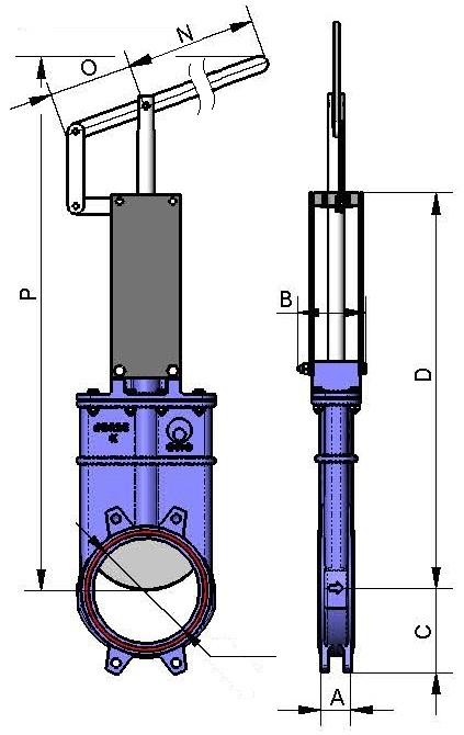 LEVER It is a fast actuator. B = Max. width of the valve (without actuator). D = Max. height of the valve (without actuator). The actuator includes: Lever. Rod. Guide bearing.