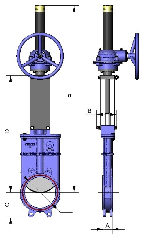GEAR BOX It is recommendable for DN greater than 600. B = Max. width of the valve (without actuator). D = Max. height of the valve (without actuator). Options: Chainwheel. Locking devices.