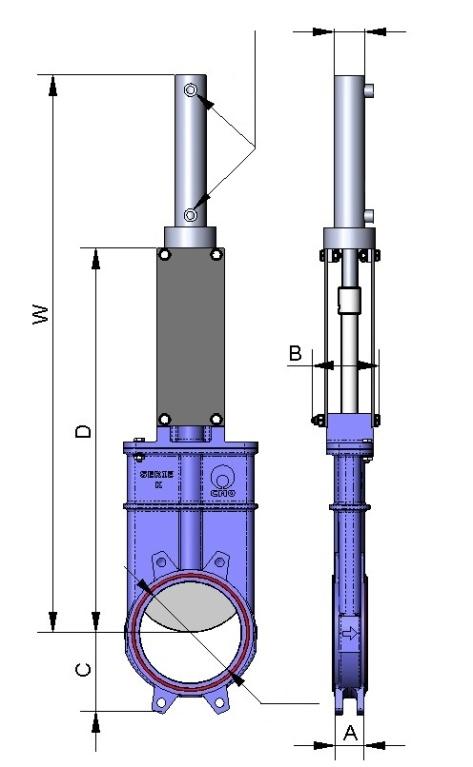 HYDRAULIC ACTUATOR (Oil pressure: 135 Kg/cm 2 ) B = Max. width of the valve (without actuator) D = Max. height of the valve (without actuator) The hydraulic actuator includes: Hydraulic cylinder.