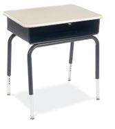 Nylon-base glides. 785MBB Adjustable-height desk with metal open-front book box. 18" x 24" work surface.
