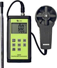 - 575 VANE AND HOT WIRE VELOCITY METER. Dual digits LCD with function annunciation. Data Hold, Auto Power Off, Data record function for Max and Min. Temperature and Air Velocity reading.