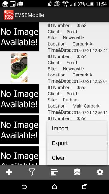 To export all records in a single file go to the home screen click on the disk icon (4) to open the memory options Click on Export and a pop up window will appear asking for a Name of export file.
