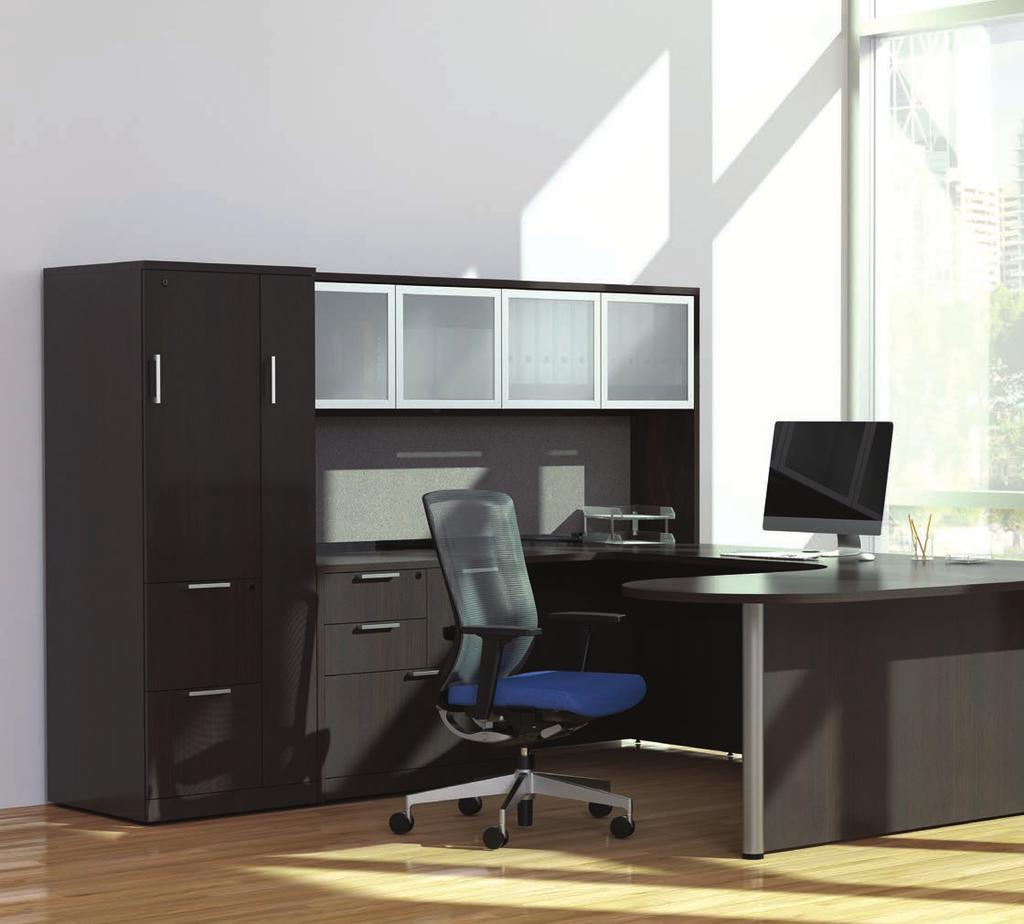 Executive Bullet Desk Package - 71 x 101 1150 Options As Shown: Hutch with 4 glass doors 329 Charcoal Fabric Tackboard 89 Locking Double Door File/Wardrobe Storage Unit 530 with optional Swiss Nickel
