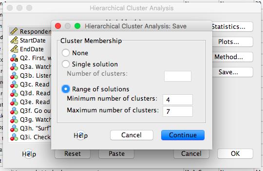8 14- From drop down arrow select Squared Euclidean Distance. 15- Then click Continue. 16- Click Box. 17- Under Save Cluster Membership select the circle Range of Solutions.