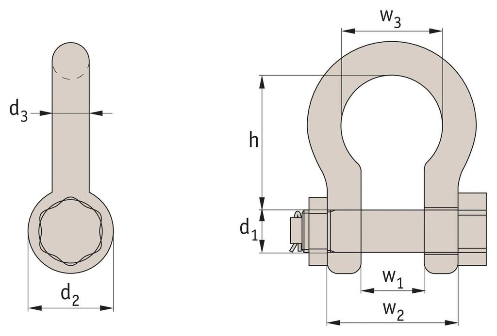 High-tensile Steel Bow Shackles with pin, nut and cotter Lifting Bolts & Shackles 4099 Material High-tensile steel. in: hot-dip galvanized and lacquered; shackle: hot-dip galvanized. CE marked.
