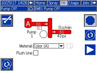 Run Mode Screens Fill Screen The Fill screen displays the following information for the pump assigned to the current color: Material. Select Color (A), Catalyst (B), or Solvent.
