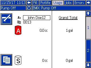 Run Mode Screens Usage Screen The first Usage screen displays the current job usage and grand total usage of component A, B, A+B, and solvent (S).