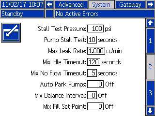 Setup Mode Screens System Screen 2 System screen 2 sets the following system operating parameters. Pump Stall Test Set the duration for the pump stall test. See Calibrate Screen 1, page 63.