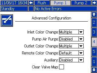 Setup Mode Screens Custom Valve Mapping For a PD2K system that has color change, the user has an option for how the control solenoids are mapped on the control modules.