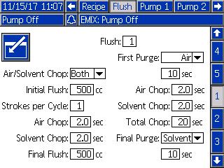 Figure 62 Flush Screen with pump air/solvent chop Figure 61 Recipe Screen with invalid valve location Pump Air/Solvent Chop Enabling an air purge valve on the inlet stack of a color pump allows for