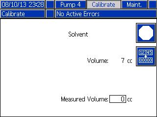 See Solvent Meter Calibration, page 74 for complete instructions. To initiate the calibration, press the Volume Check button.