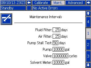 Setup Mode Screens Maintenance Screen 1 Use this screen to set maintenance intervals. Set to 0 to disable the alarm.