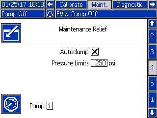 Setup Mode Screens Maintenance Screen 4 Maintenance screen 4 is used to manually relieve pump outlet pressure, or to configure automatic pressure relief.
