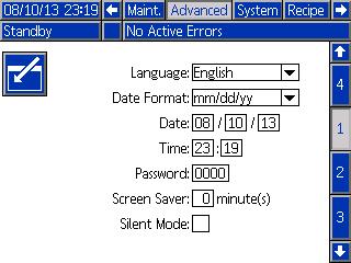 Setup Mode Screens Advanced Screen 1 Advanced screen 1 sets the following display parameters. Date Format Select mm/dd/yy, dd/mm/yy, or yy/mm/dd. Date Enter the date, using the format selected.