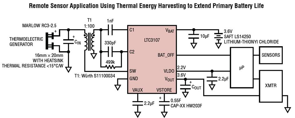 20 Thermal Energy Harvesting DC-DC Battery Life Extender BAT current = 0 if EH power > load 20mV EH Startup.