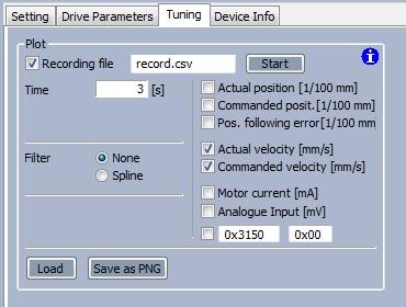 3.7 Motion record option Select the Tuning tab to record the movement of the actuator. 1. Specify the time period for your record and define the documents name for your recorded data e.g. [NAME].csv.