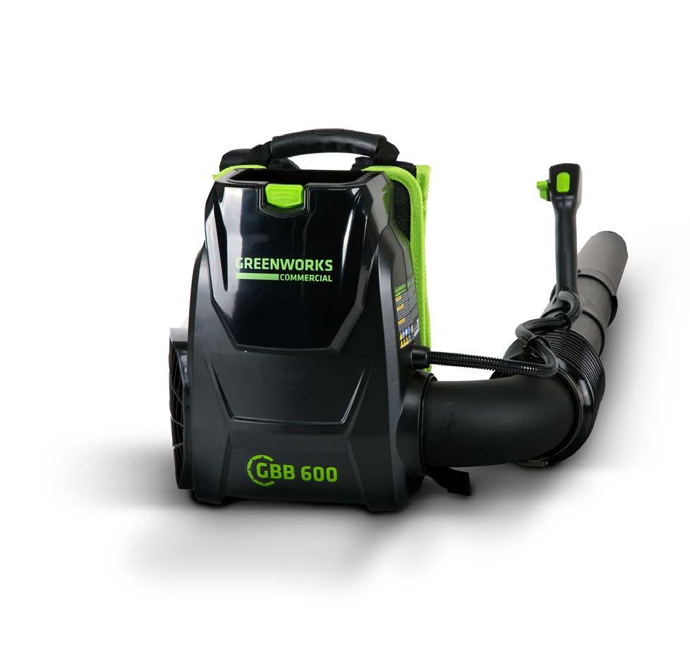 BRUSHLESS BACKPACK BLOWER ITEM #GBB 600 The GBB 600 Backpack Blower combines the Greenworks Commercial 82-volt lithium-ion battery with superior brushless electric motor technology to power through