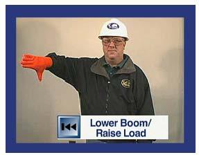 BOOM LOWER / RAISE LOAD The signal to lower the boom and raise the load is given with an: extended arm thumb pointing downward and fingers flexing in and out BOOM EXTEND The signal to extend the boom