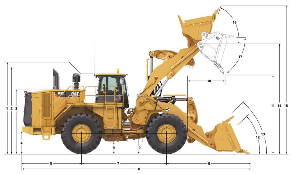 988K Wheel Loader Specifications Dimensions All dimensions are approximate. Standard Lift* High Lift* 1 Ground to Top of ROPS 4187 mm 13.7 ft 4187 mm 13.