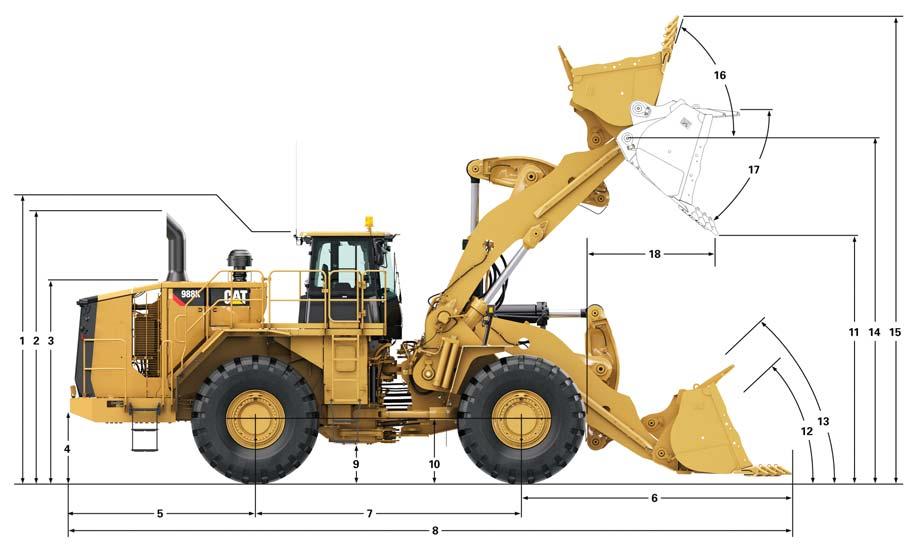 988K Wheel Loader Specifications Dimensions All dimensions are approximate. Standard Li High Li 1 Ground to Top of ROPS 4221 mm 13.8 4221 mm 13.8 2 Ground to Top of Exhaust Stack 4214 mm 13.