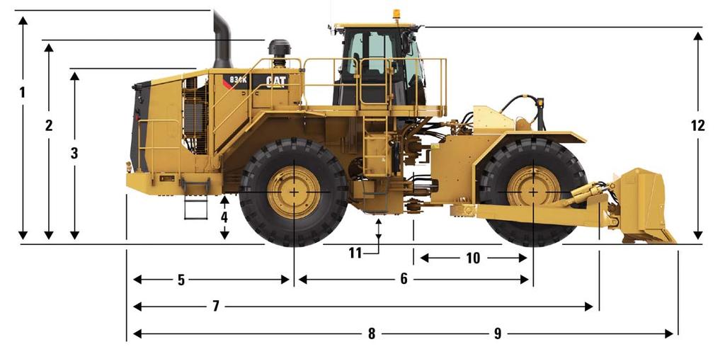 834K Wheel Dozer Specifications Dimensions All dimensions are approximate. 1 Height to Top of Exhaust Stack 4835 mm 15.9 ft 2 Height to Top of Air Cleaner 3895 mm 12.