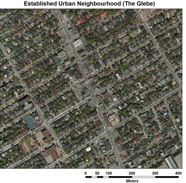 Figure 1a: Aerial photo of the Glebe, an established urban neighbourhood with a fine-grained lot fabric.
