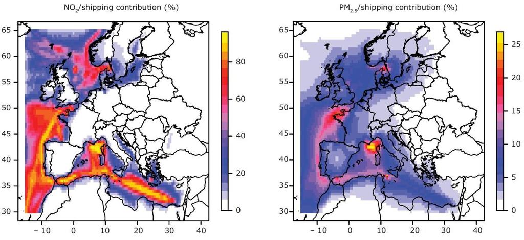 These figures are likely to be underestimated as they do not account for emissions from domestic ships. The contribution of international shipping to surface annual mean NO 2 and PM 2.