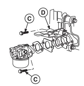 3. Place new gaskets or o-rings between control bracket (D, Figure 22), adapter (if equipped), and carburetor.. Position carburetor on control bracket or adapter and install screws (C).