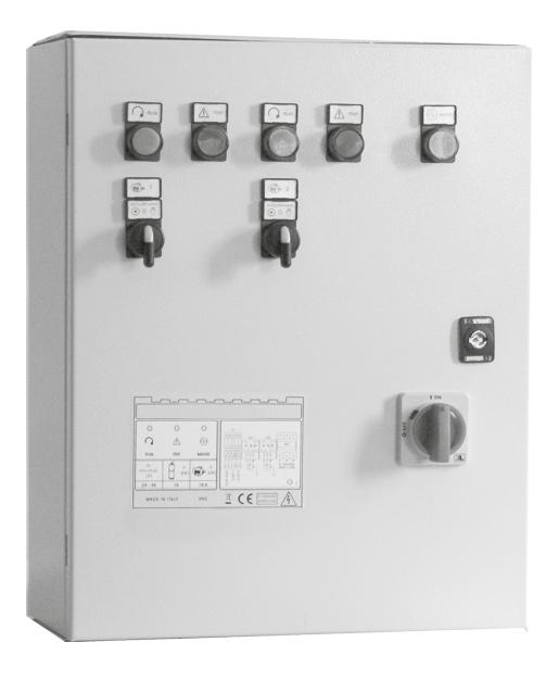 QT2 SERIES CONTROL PANELS FOR 2 THREE PHASE MOTOR PUMPS DIRECT STARTING WITH THERMAL PROTECTION FOR WASTEWATER Three phase electromechanical control panel for two motor pumps.