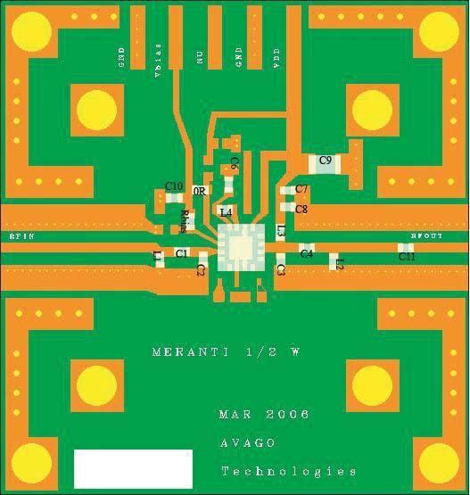 Figure 7. Demo board Layout Recommended PCB material is 10 mils Rogers RO4350, with FR4 backing for mechanical strength. Suggested component values may vary according to layout and PCB material.